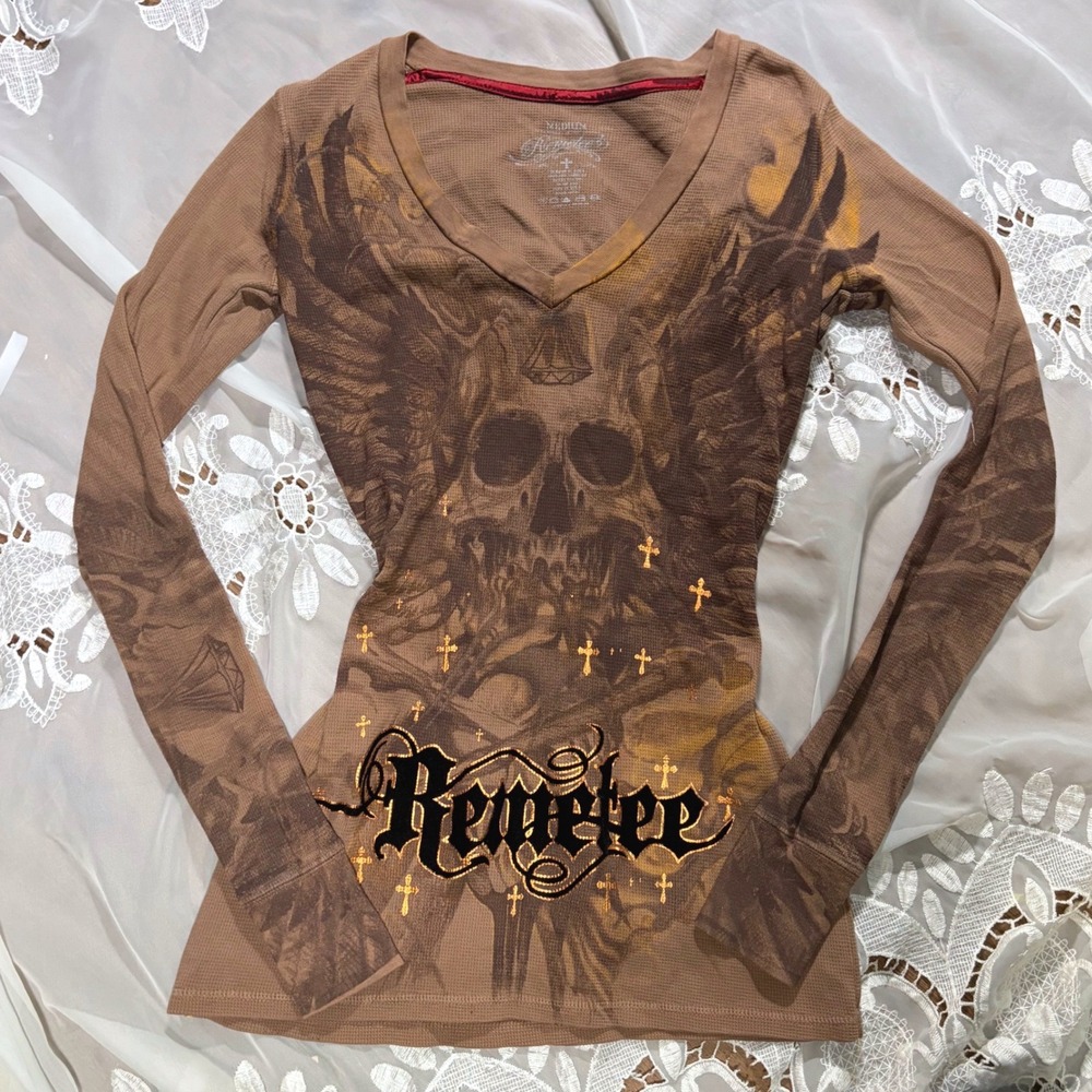 Y2K Gothic Grunge All Over Print Brown Thermal Skull Wings Graphic Long Sleeve